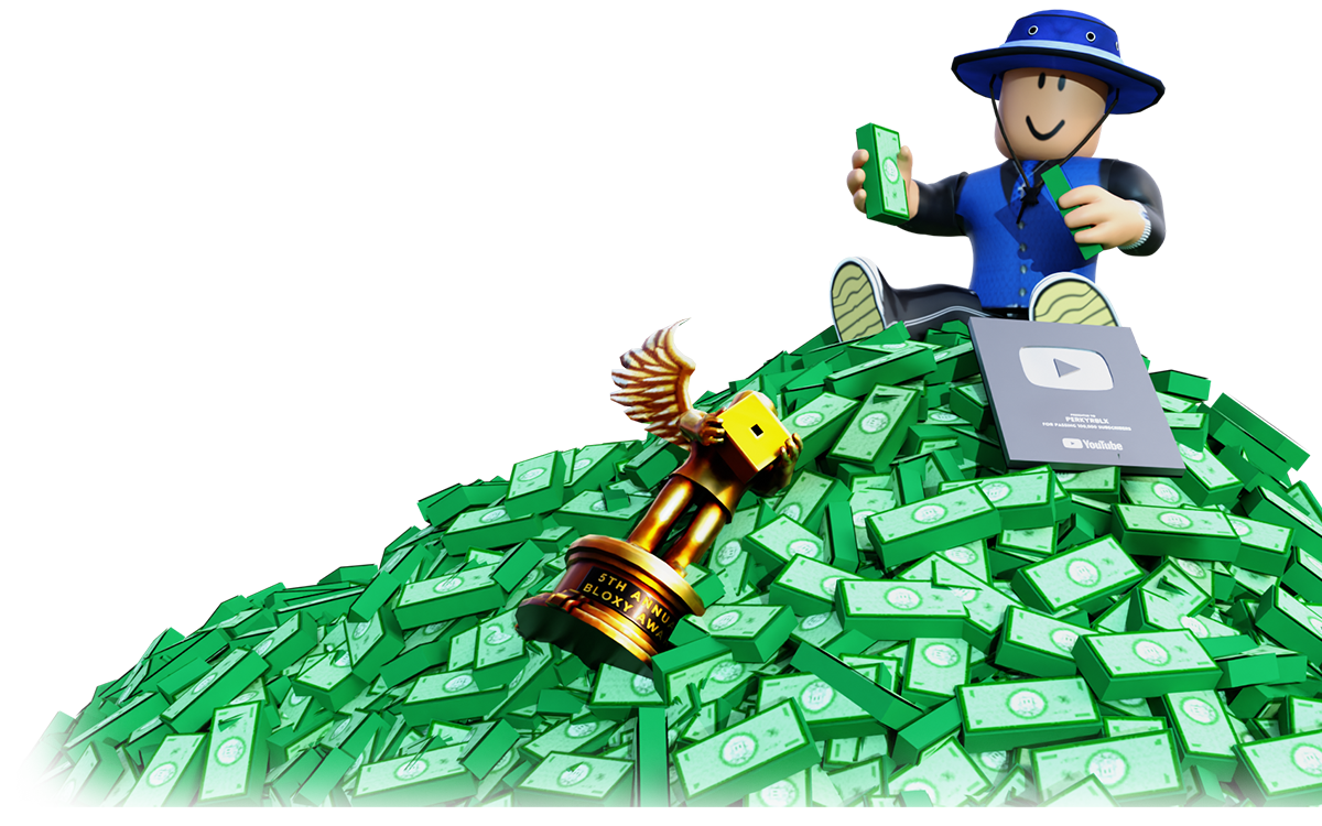 Roblox character sitting on money